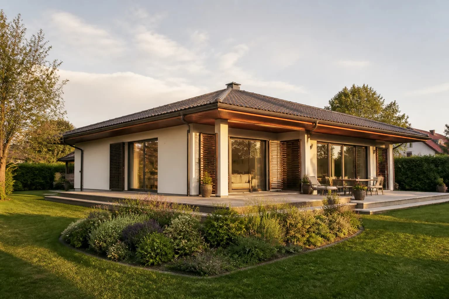 Architekturvisualisierung eines ebenerdigen Bungalows mit Walmdach