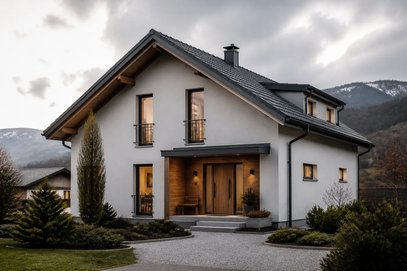 Architekturvisualisierung eines zweigeschossigen Hauses mit Satteldach