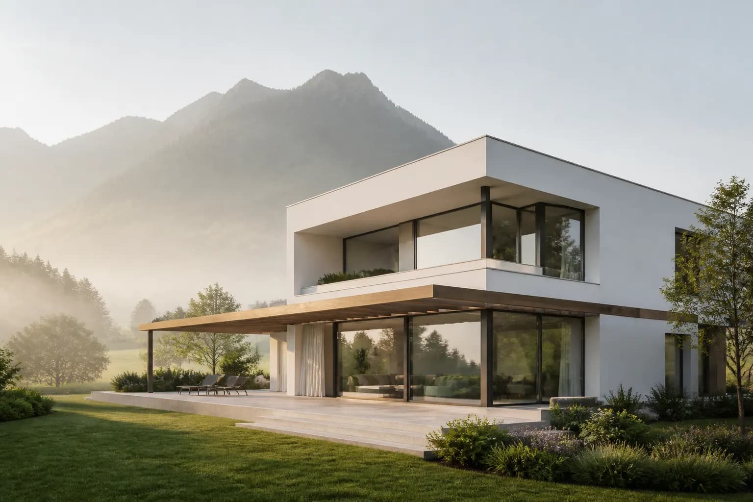 Architekturvisualisierung einer modernen Flachdach-Villa mit großen Glasflächen
