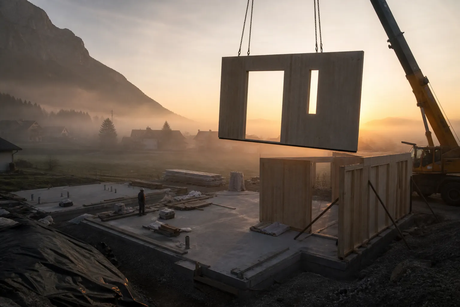 Stimmungsbild der Wandmontage eines Holzriegelhauses mit Kran