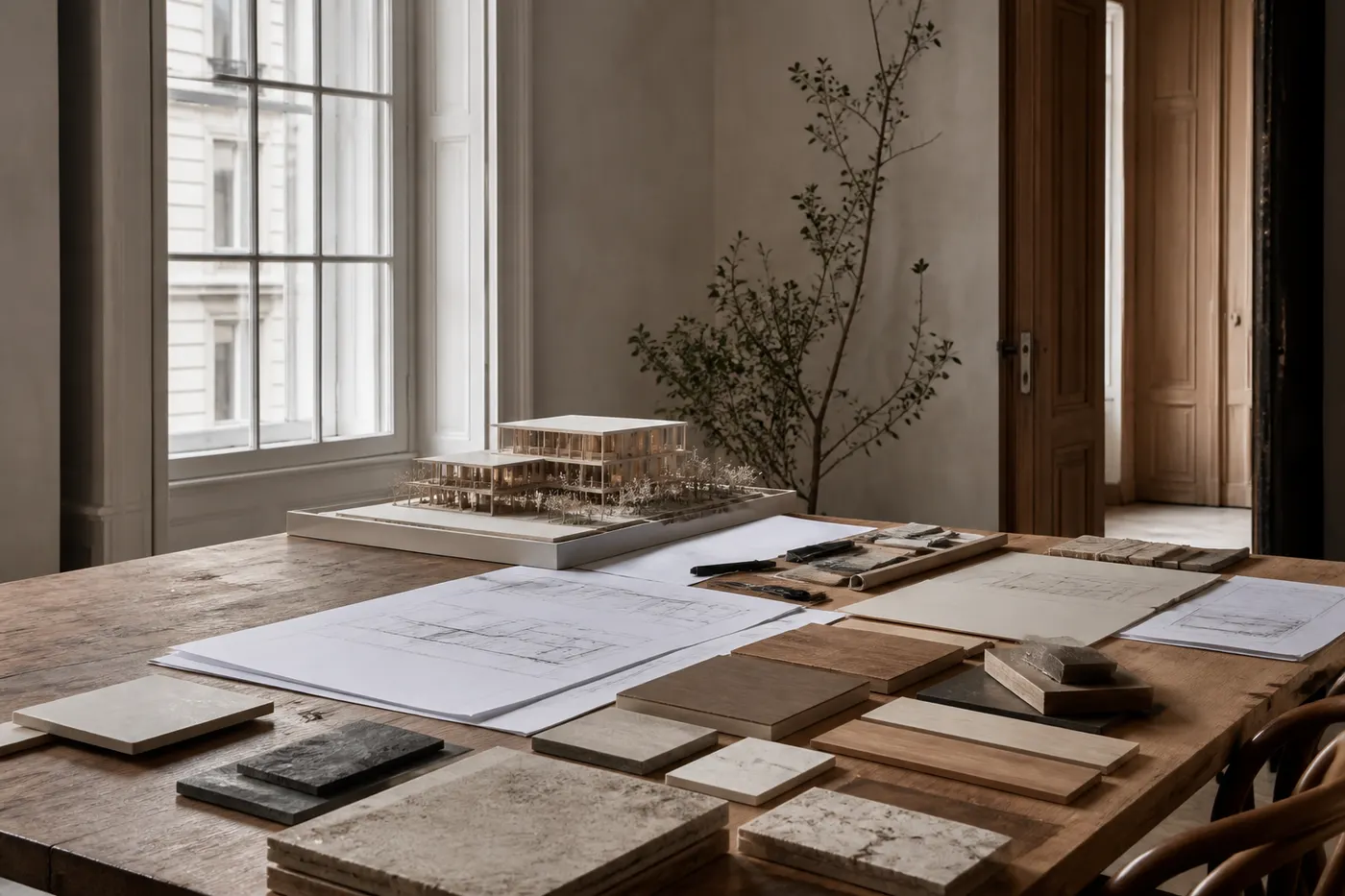 Stimmungsbild der Planung: Pläne, Materialmuster und Modell